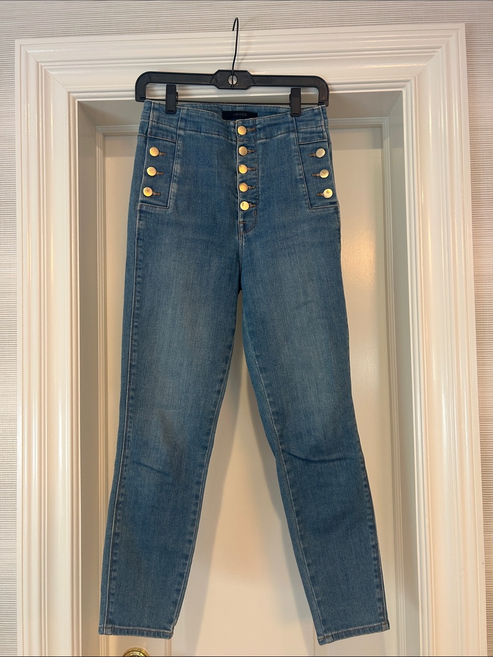 J Brand Medium Blue High-Rise Button-Front Jeans with Gold Buttons